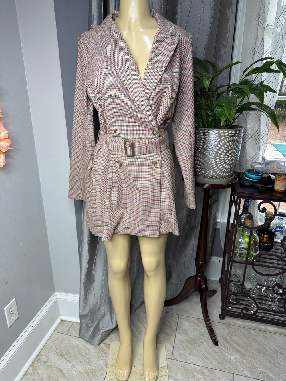 Kit + Sky Women’s Double-Breasted Belted Blazer Coat - Pink Houndstooth Sz L